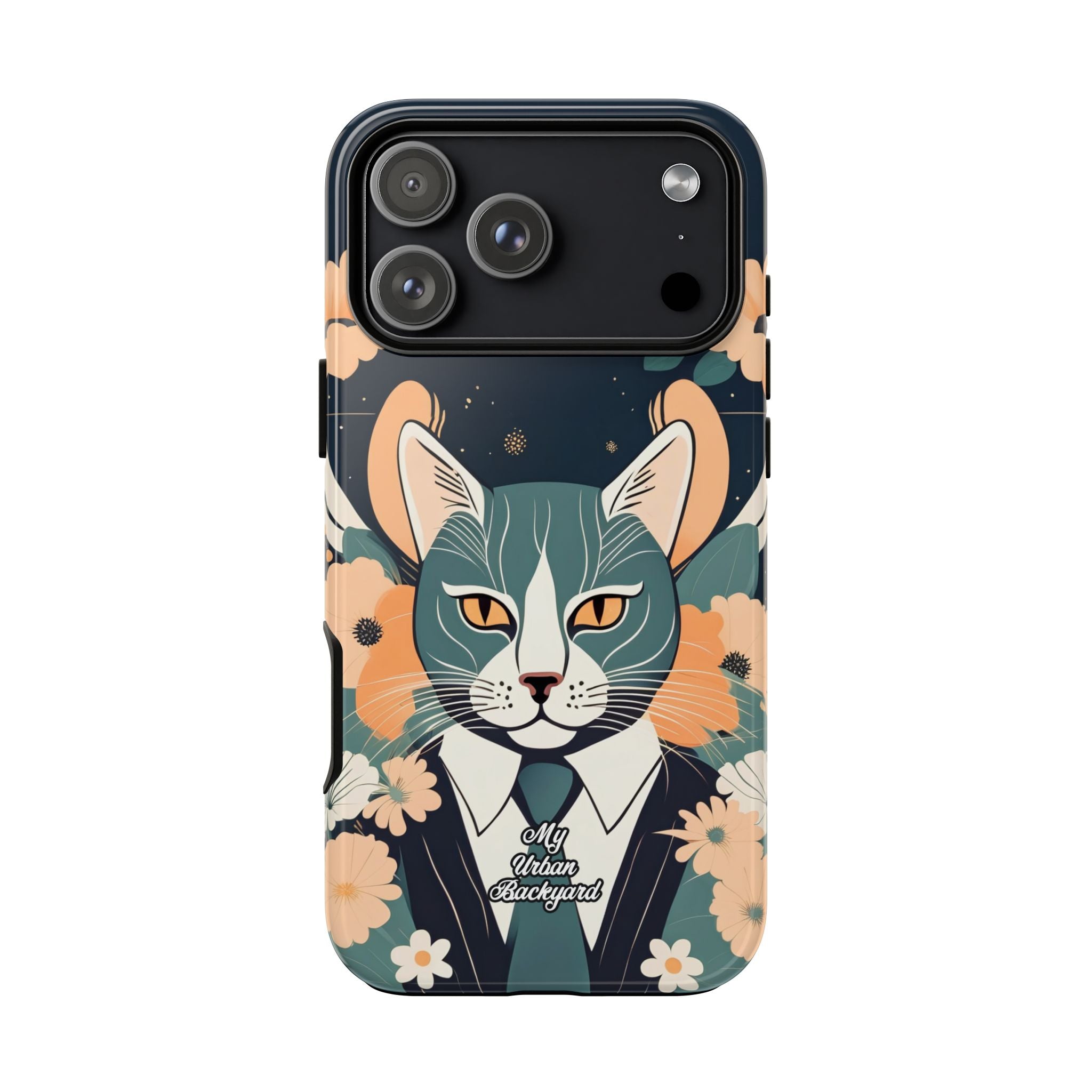 Phone case with a cat illustration in a suit on a floral background
