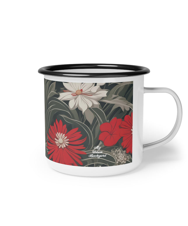 Red & White Flowers, Enamel Camping Mug for Coffee, Tea, Cocoa, or Cereal - 12oz