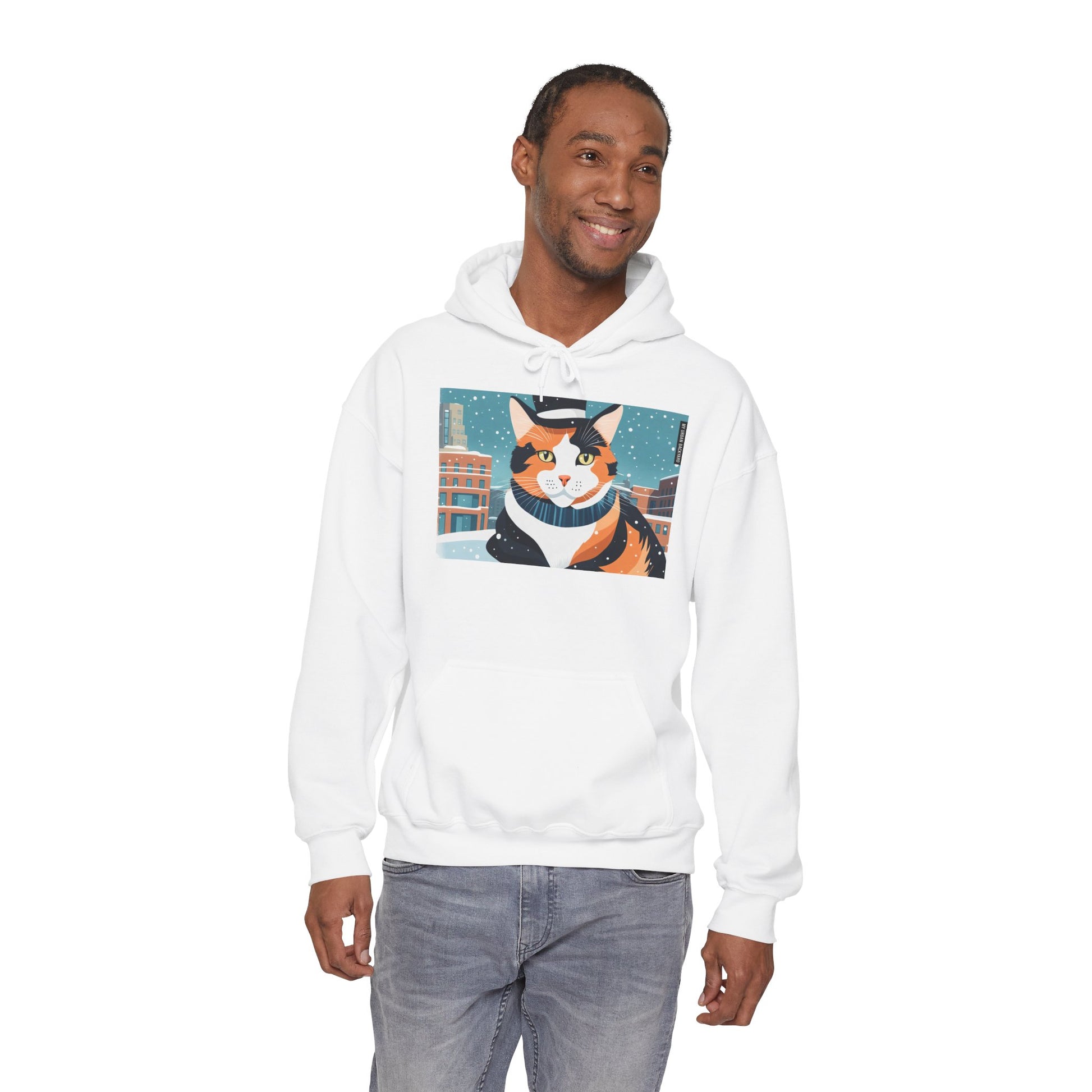 Calico Cat in Snow Hoodie — Cozy Winter Cat Lover Sweatshirt