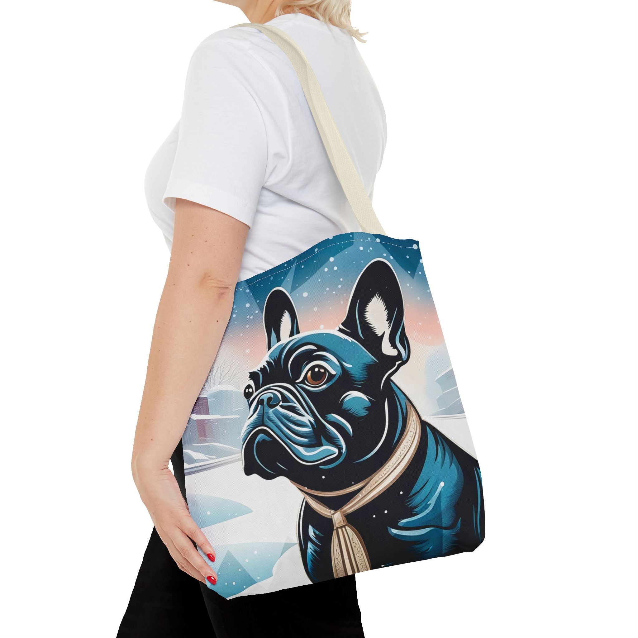 French Bulldog Winter Tote Bag — Snowy Pup All-Over Print Tote