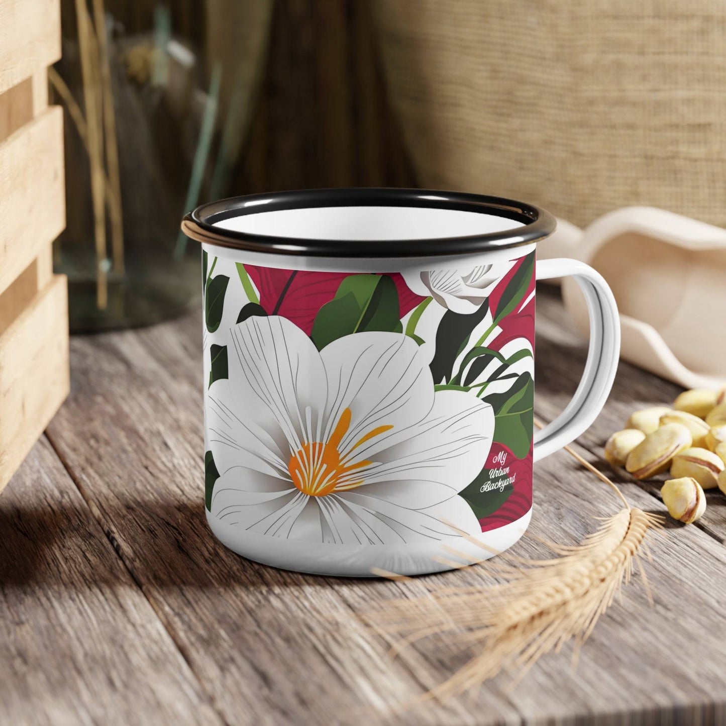 Enamel Camping Mug for Coffee, Tea, Hot Cocoa, Cereal, 12oz, White Flowers on Red