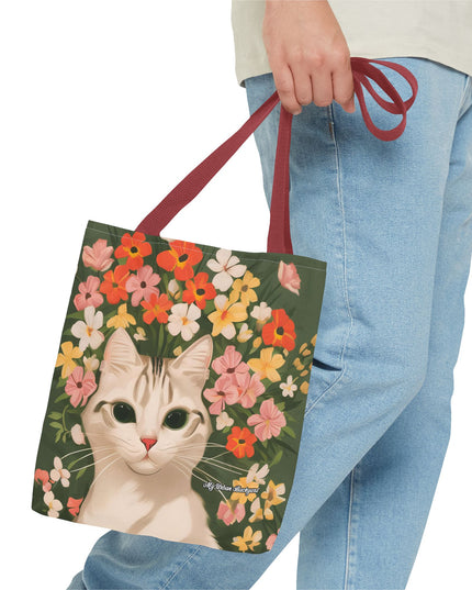 White Cat with Flowers Tote Bag with Cotton Handles For Everyday Use, 3 Sizes