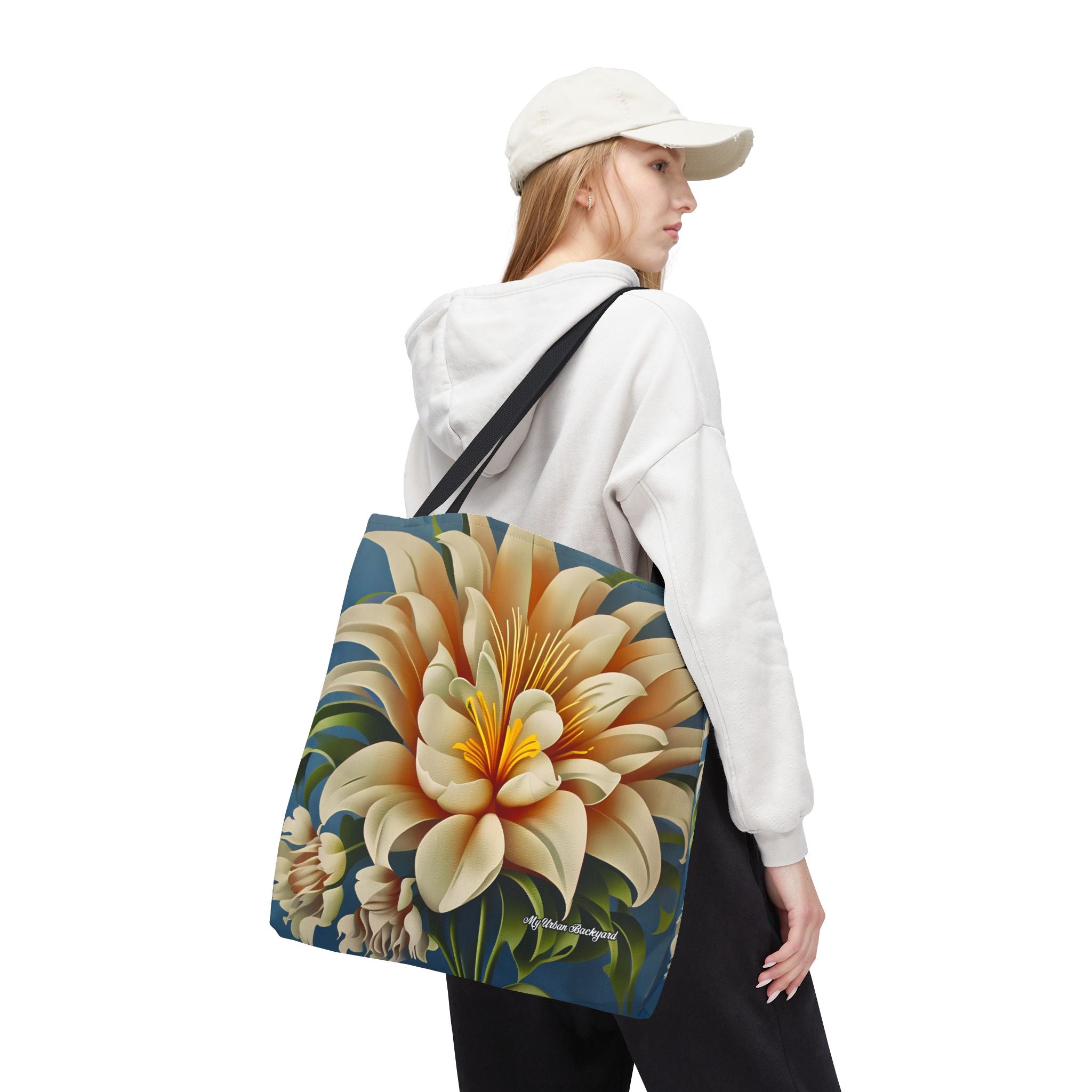 Large White Flower Tote Bag with Cotton Handles For Everyday Use, 3 Sizes