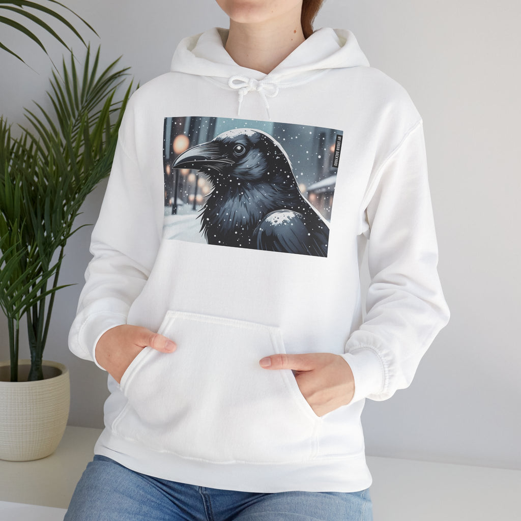 Urban Crow In Falling Snow Hoodie — Comfy Winter Graphic Hoodie