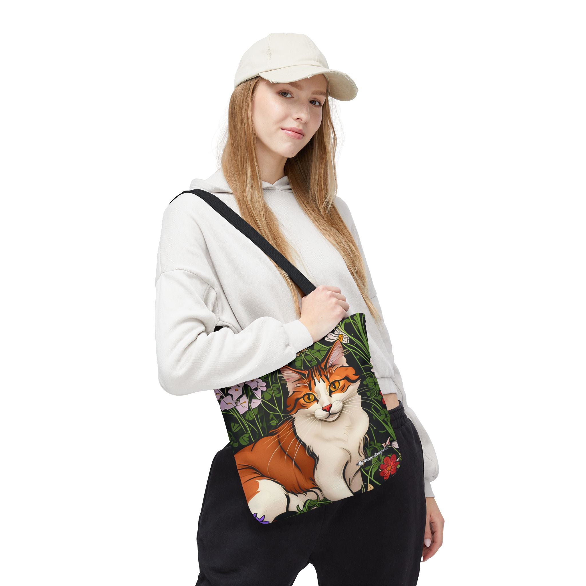 Orange Cat with Flowers Tote Bag with Cotton Handles For Everyday Use, 3 Sizes
