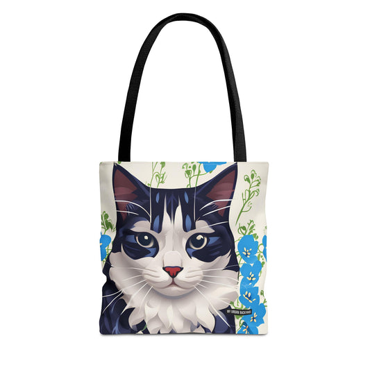 Cat and Blue Flowers Tote Bag