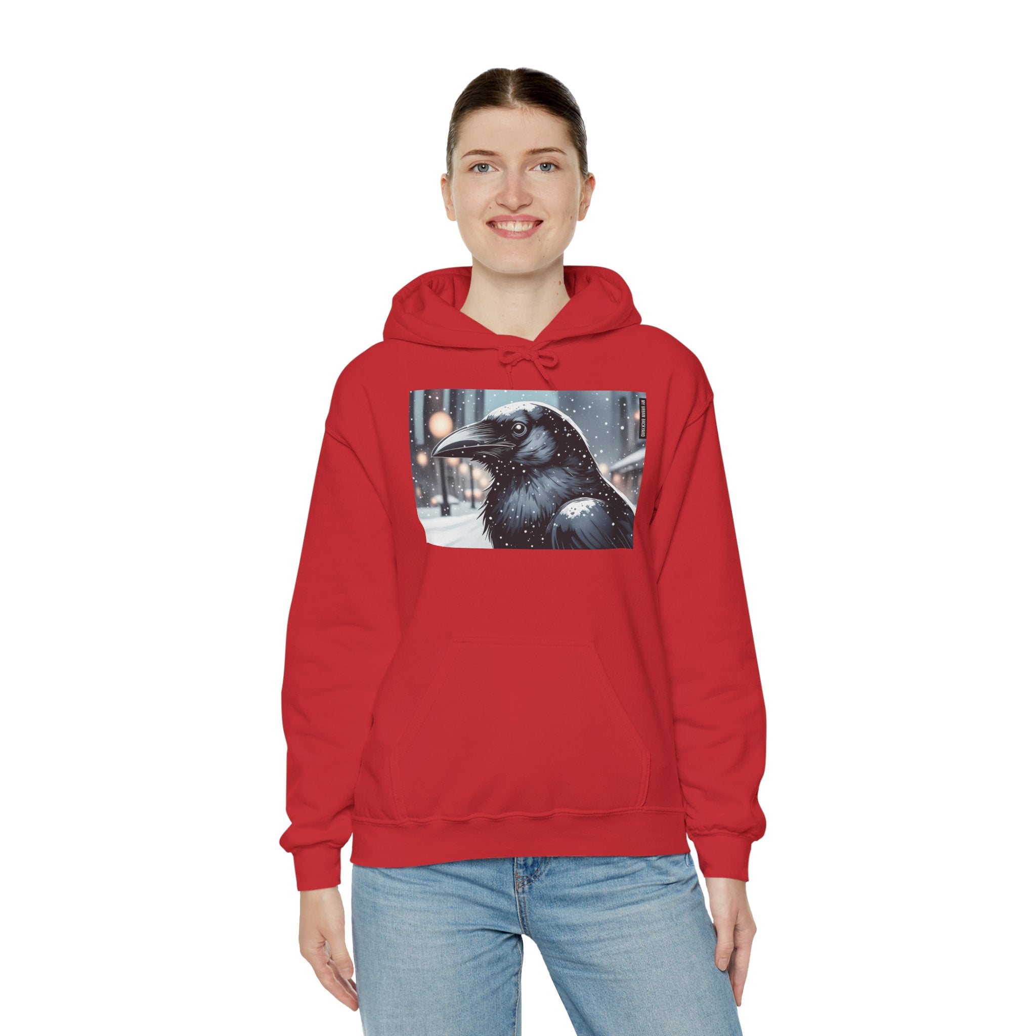 Urban Crow In Falling Snow Hoodie — Comfy Winter Graphic Hoodie