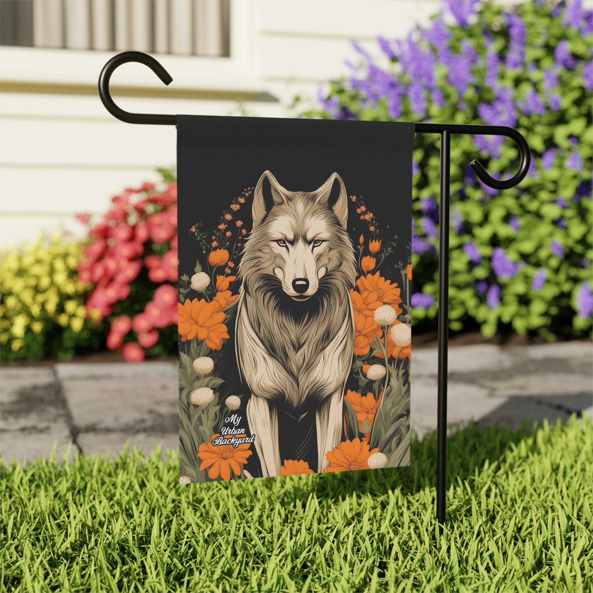 Wolf with Flowers, Garden Flag