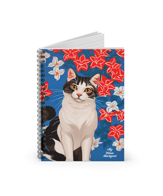 Cat with Red and White Flowers, Spiral Notebook Journal - Write in Style