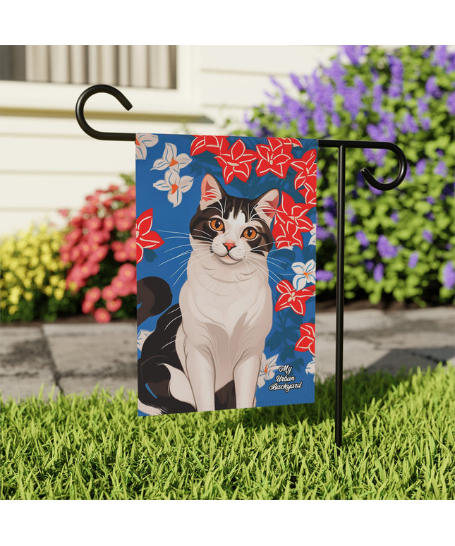 Cat with Red & White Flowers, Garden Flag for Yard, Patio, Porch, or Work, 12"x18" - Flag only