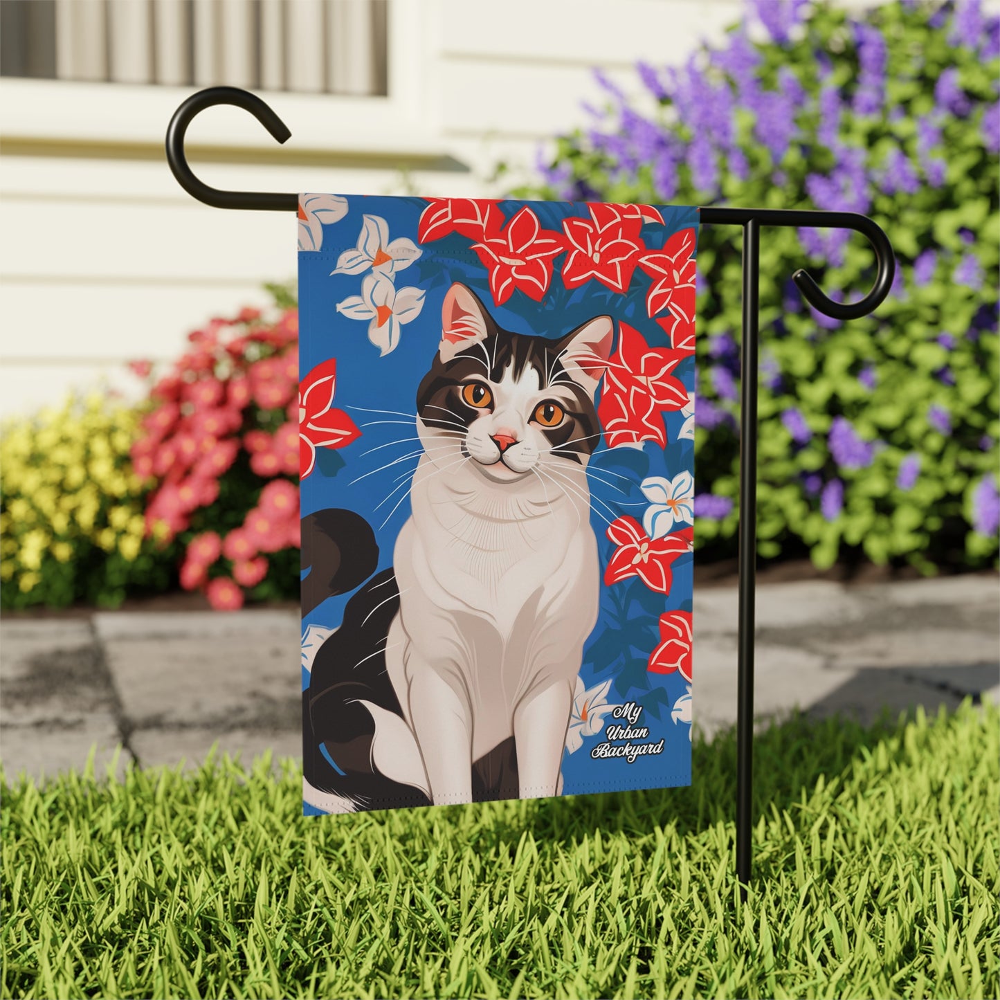 Cat with Red & White Flowers, Garden Flag for Yard, Patio, Porch, or Work, 12"x18" - Flag only