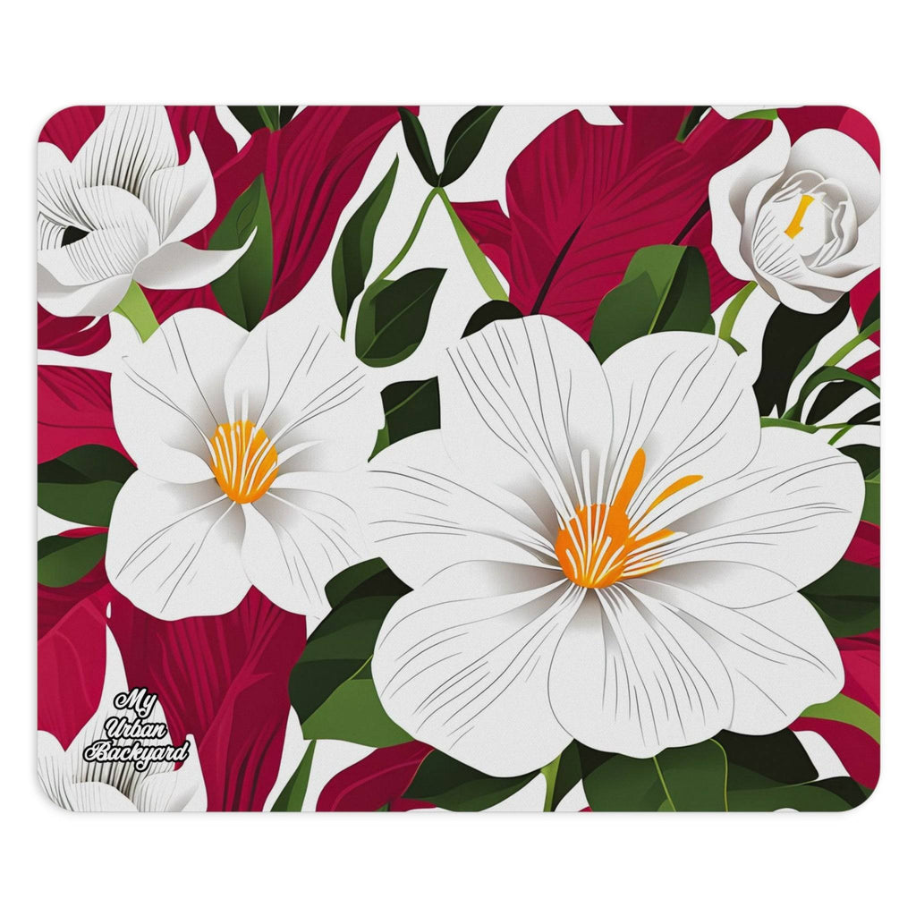 Computer Mouse Pad, Non-slip rubber bottom, White Flowers on Red