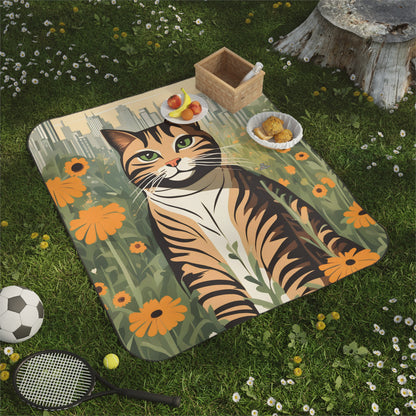 Outdoor Picnic Blanket with Soft Fleece Top and Water-Resistant Bottom - City Tabby