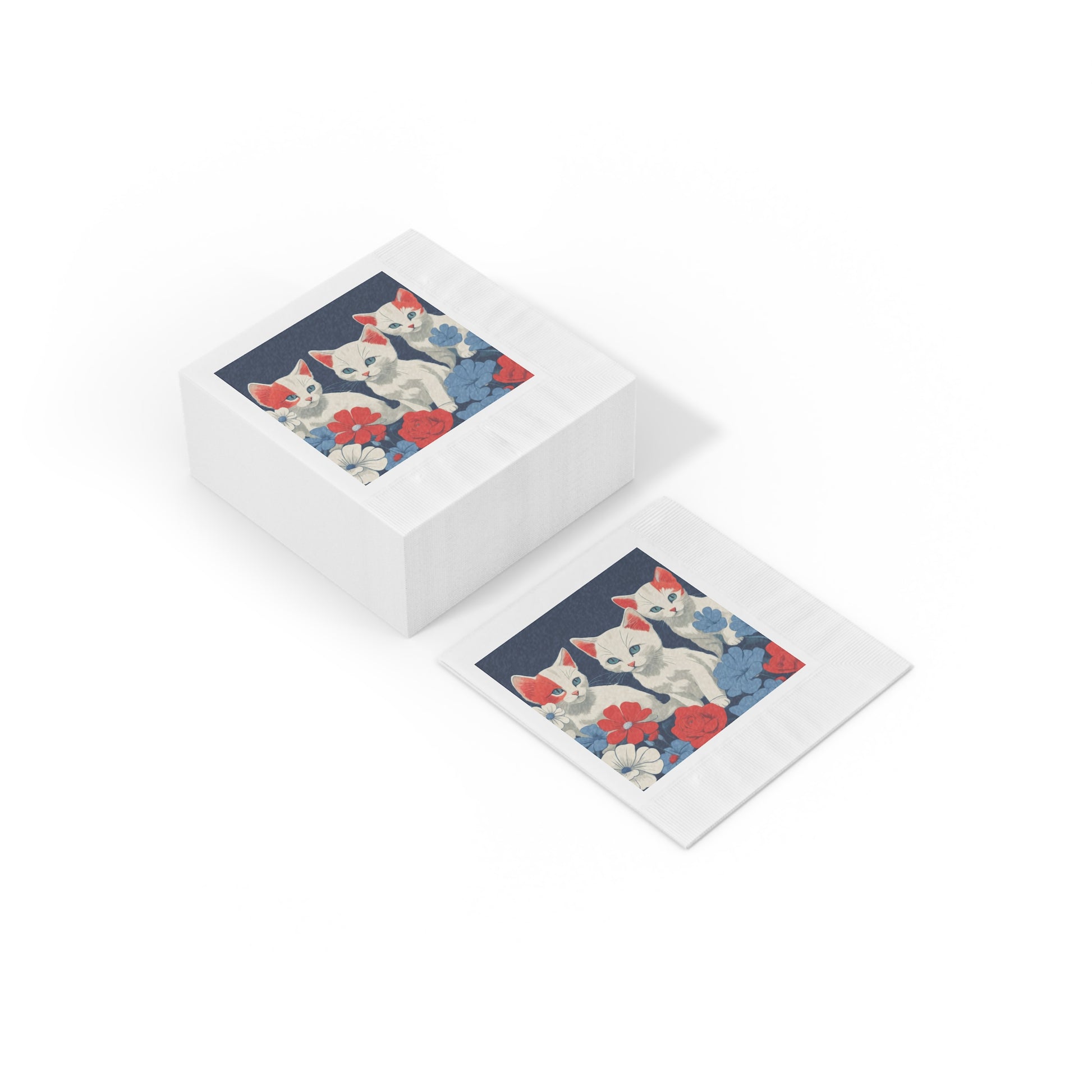 Cat Trio Floral Napkins — Cute Kittens Red White Blue Party Napkins, 2 sizes, Pack of 50 or 100