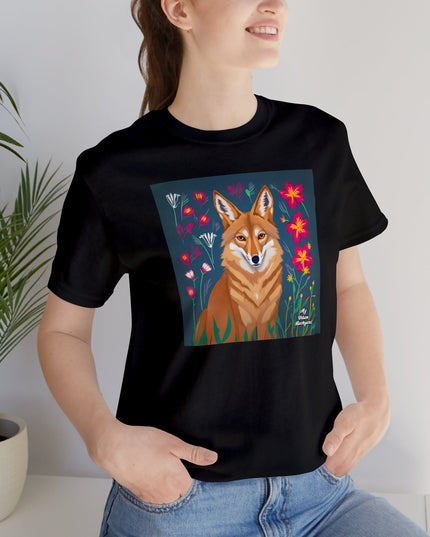 Coyote w Red Flowers, Soft 100% Jersey Cotton T-Shirt, Unisex, Short Sleeve, Retail Fit