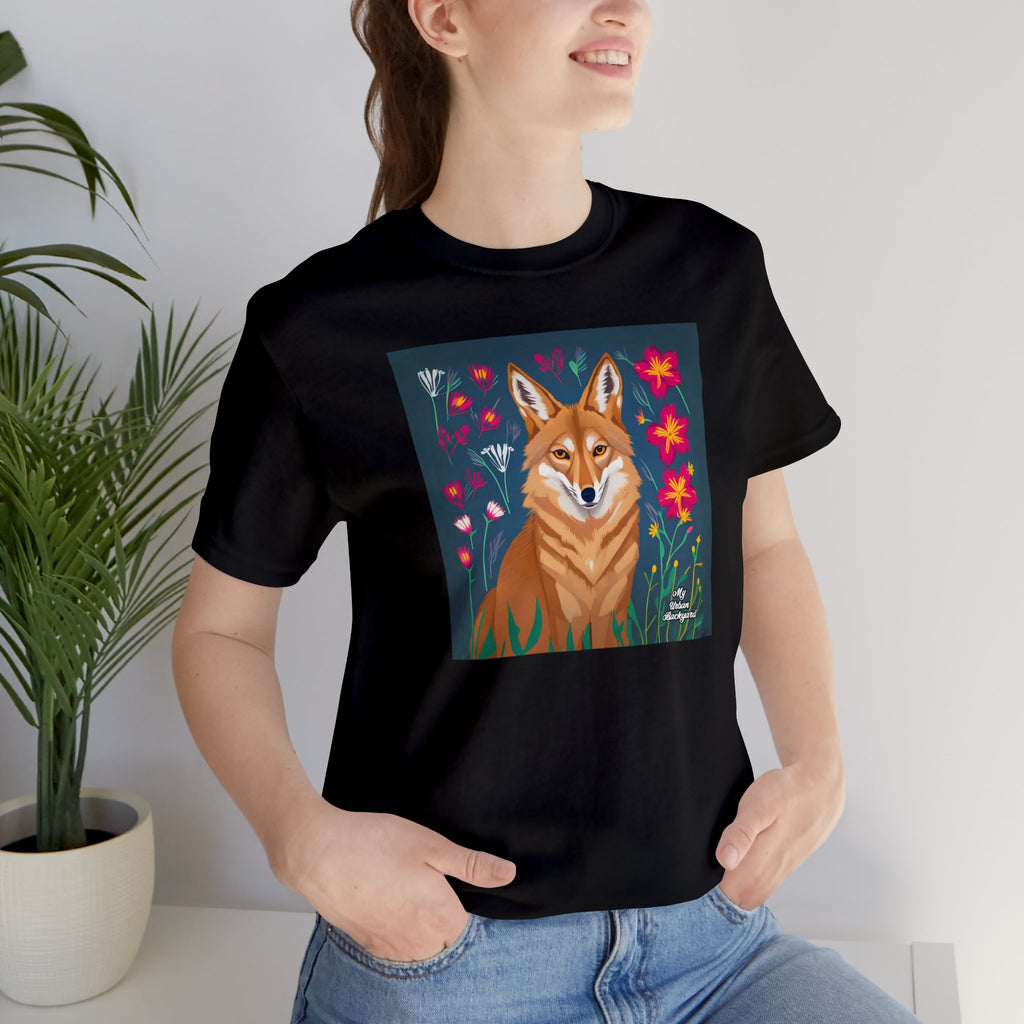 Coyote w Red Flowers, Soft 100% Jersey Cotton T-Shirt, Unisex, Short Sleeve, Retail Fit