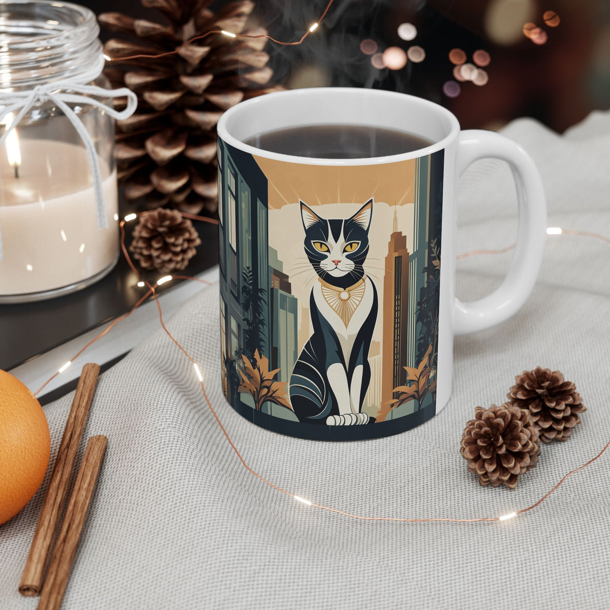 Art Deco City Cat Ceramic Mug