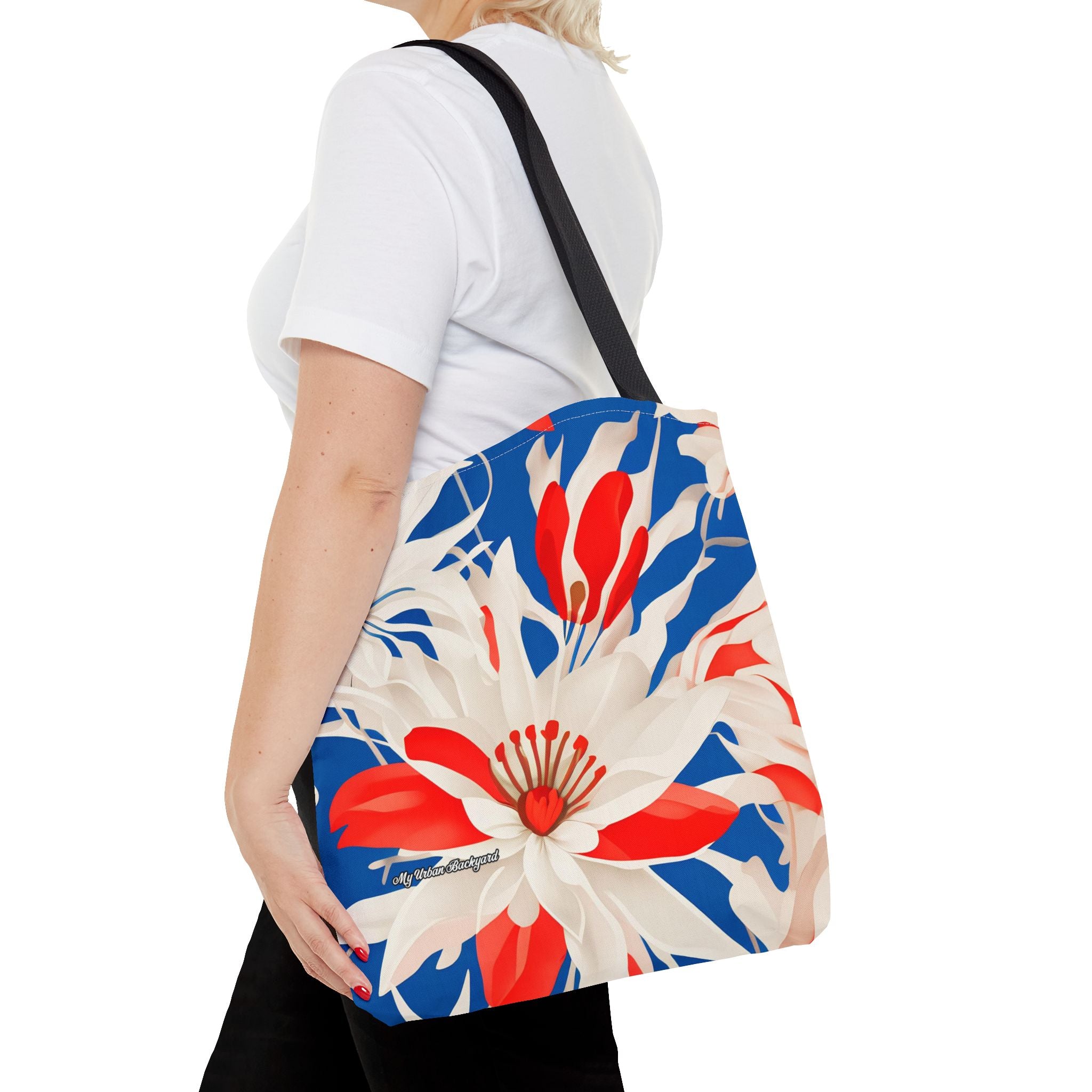 Red White & Blue Flowers Tote Bag with Cotton Handles For Everyday Use, 3 Sizes