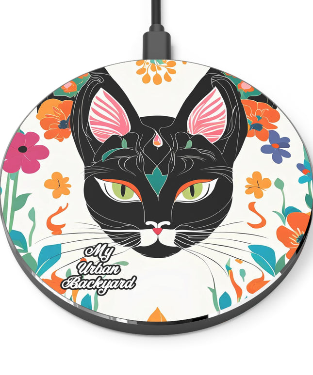 Black Cat with Green Eyes and Flowers, 10W Wireless Charger for iPhone, Android, Earbuds