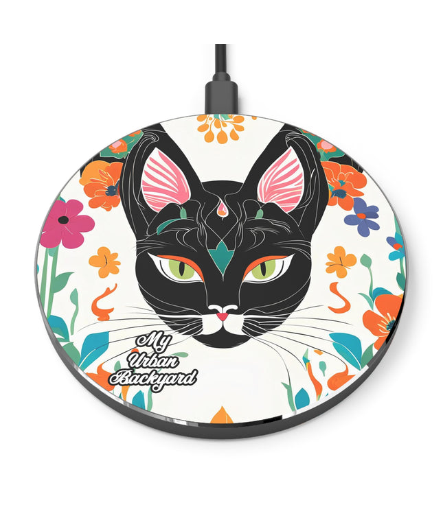 Black Cat with Green Eyes and Flowers, 10W Wireless Charger for iPhone, Android, Earbuds