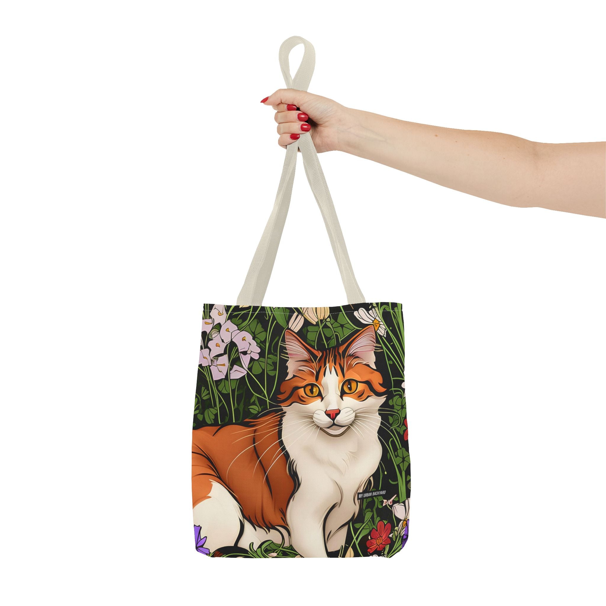 Orange Cat with Flowers, Tote Bag w Cotton Handles