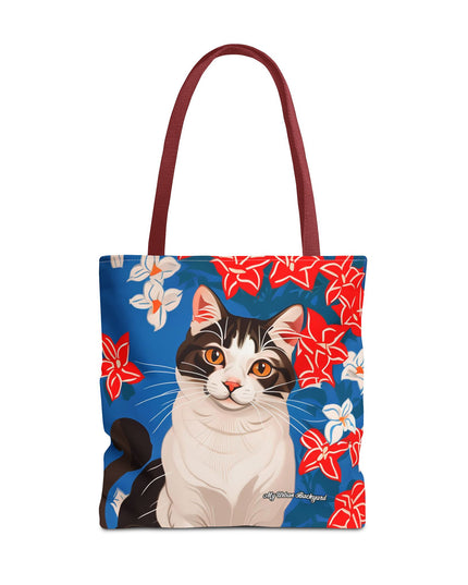 Cat and Red White & Blue Flowers Tote Bag with Cotton Handles For Everyday Use, 3 Sizes
