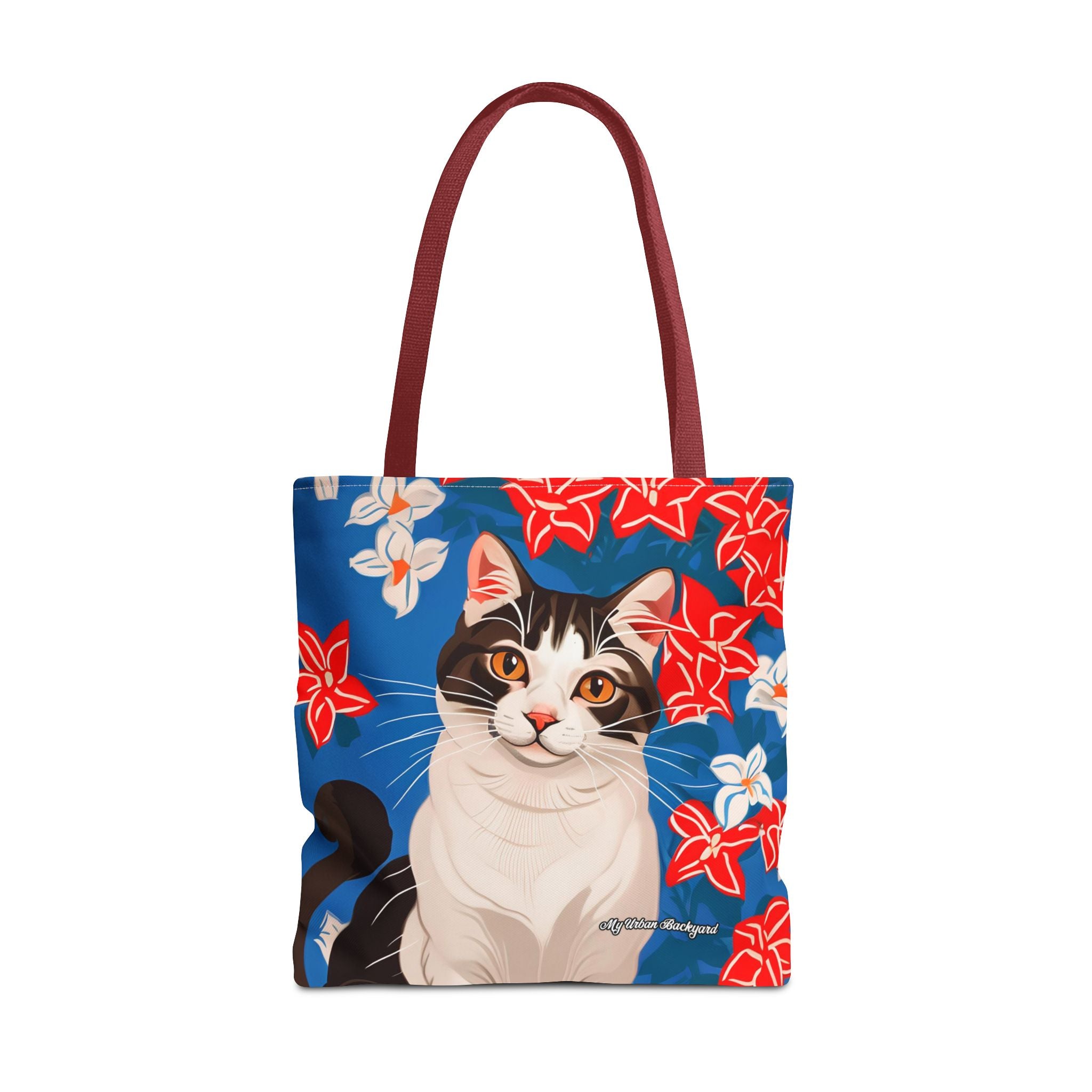 Cat with Red and White Flowers, Tote Bag with Cotton Handles For Everyday Use, 3 Sizes