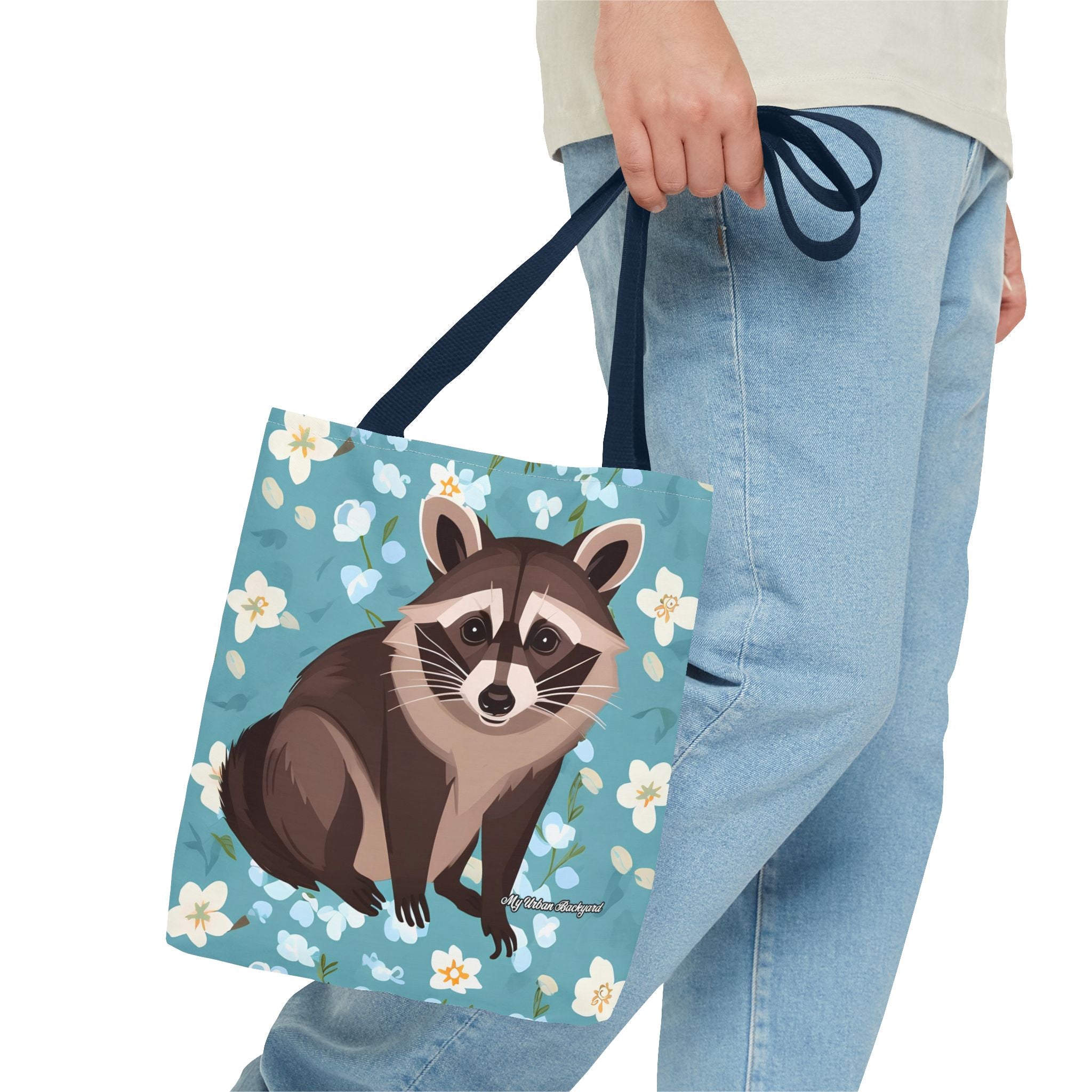 Young Raccoon w Flowers Tote Bag with Cotton Handles For Everyday Use, 3 Sizes