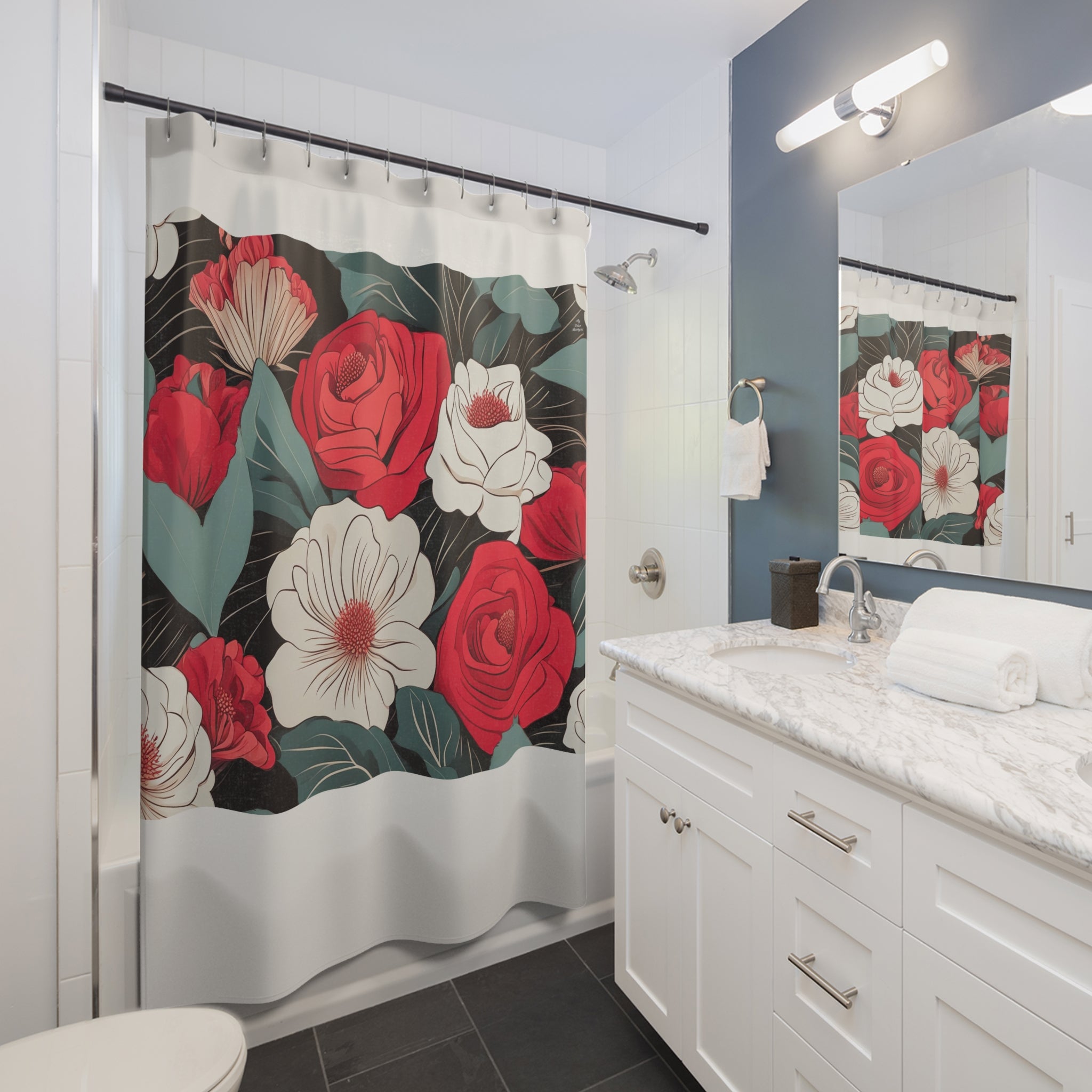 Cream Shower Curtain with Floral Shower Curtain, Gift for Her, Romantic Style - 71" x 74"