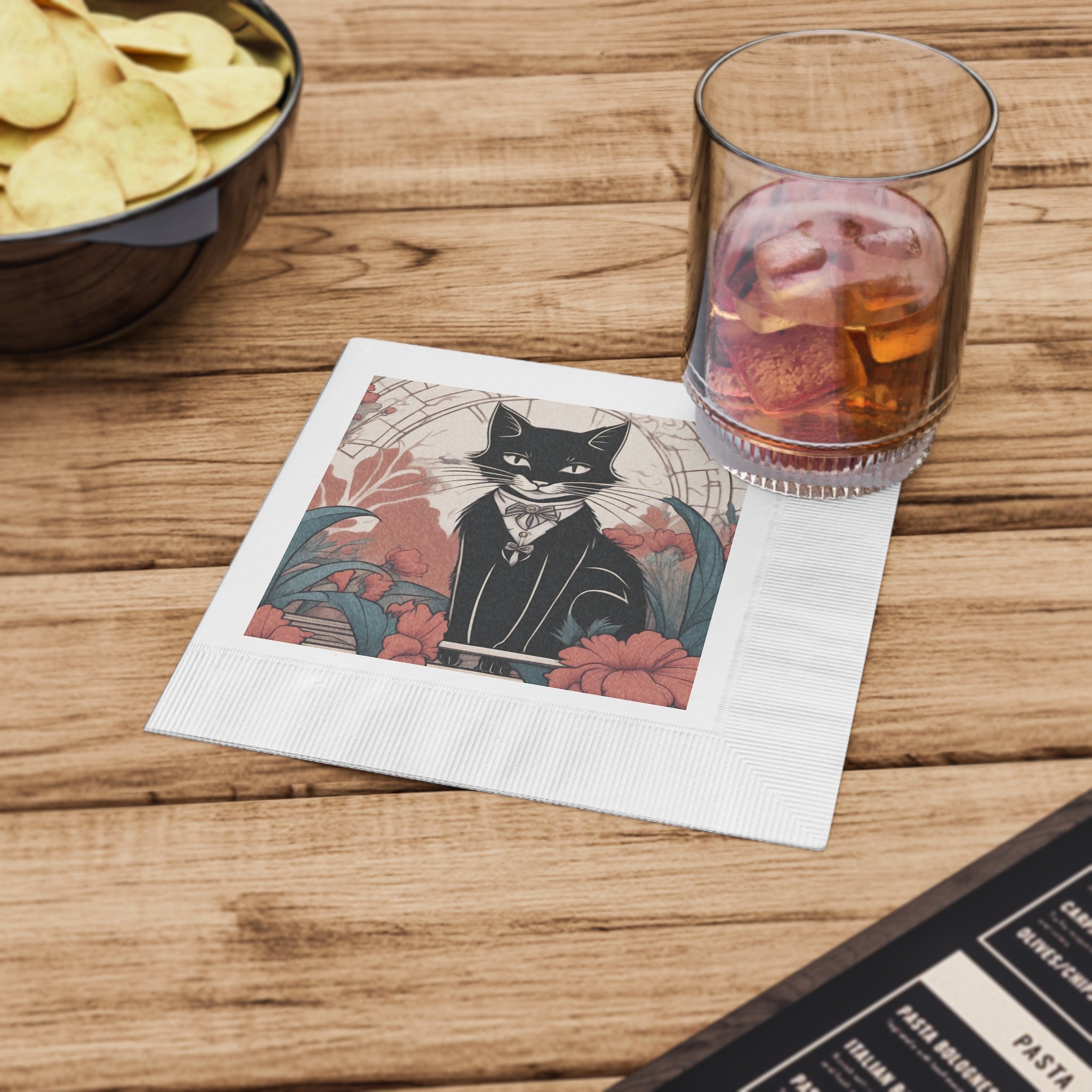 Tuxedo Cat with Flowers Napkins