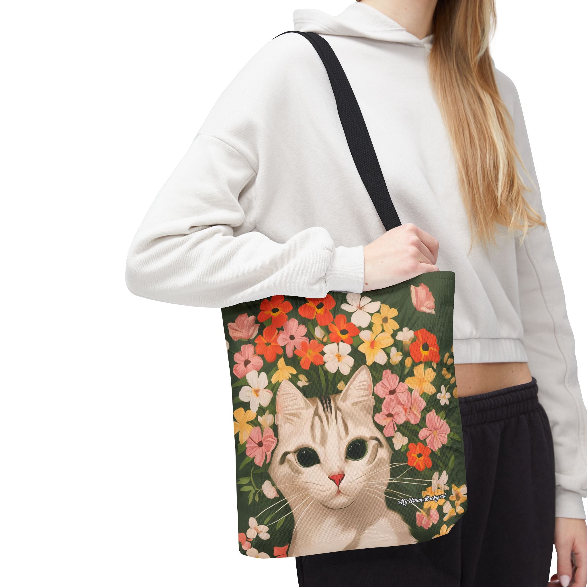 White Cat with Flowers Tote Bag with Cotton Handles For Everyday Use, 3 Sizes