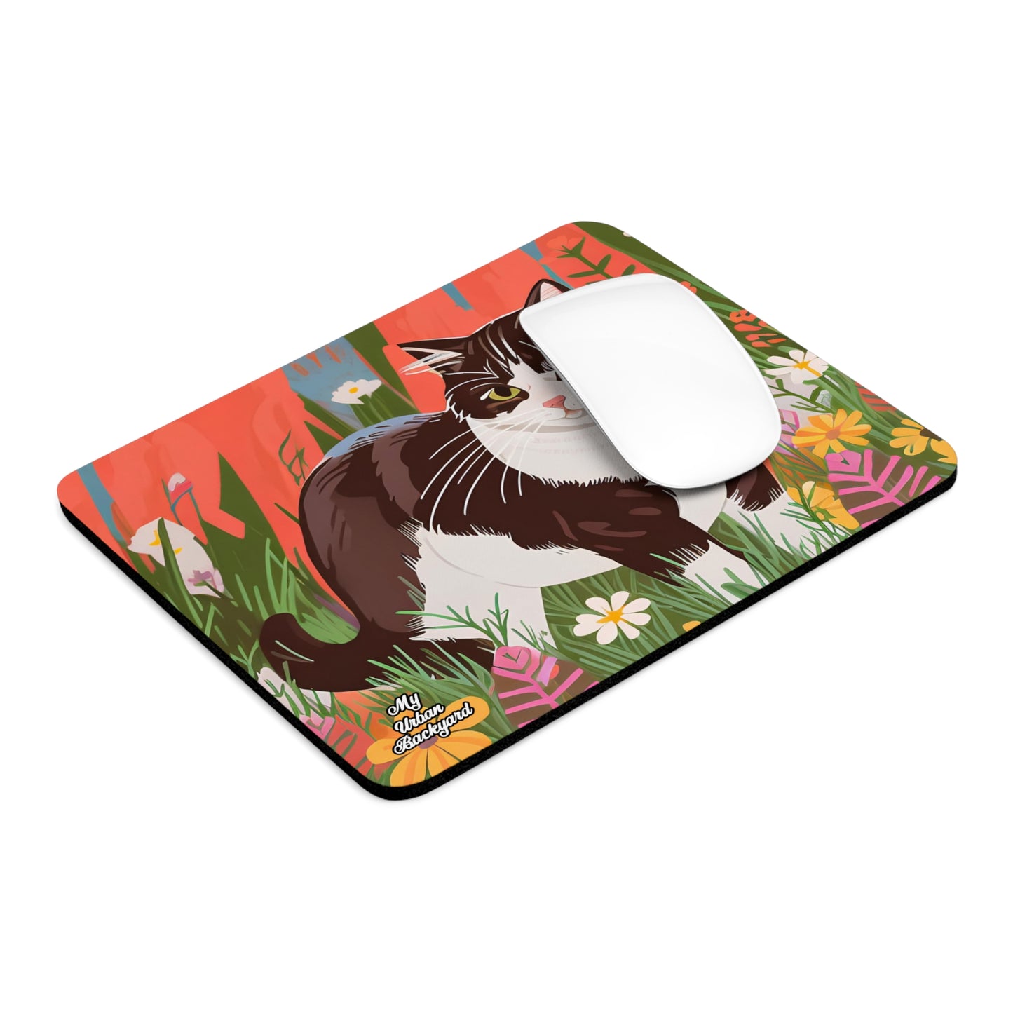 Cat with Wildflowers, Computer Mouse Pad - for Home or Office