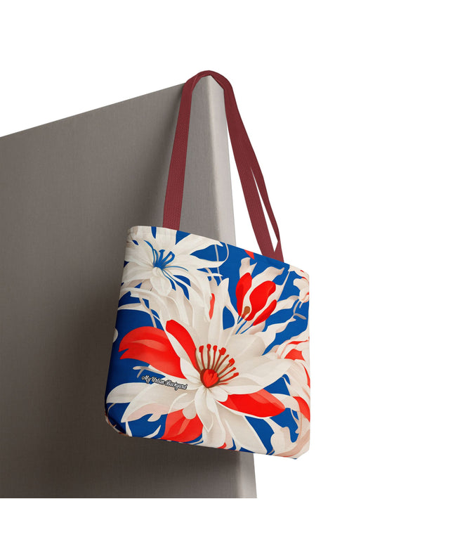 Red White & Blue Flowers Tote Bag with Cotton Handles For Everyday Use, 3 Sizes