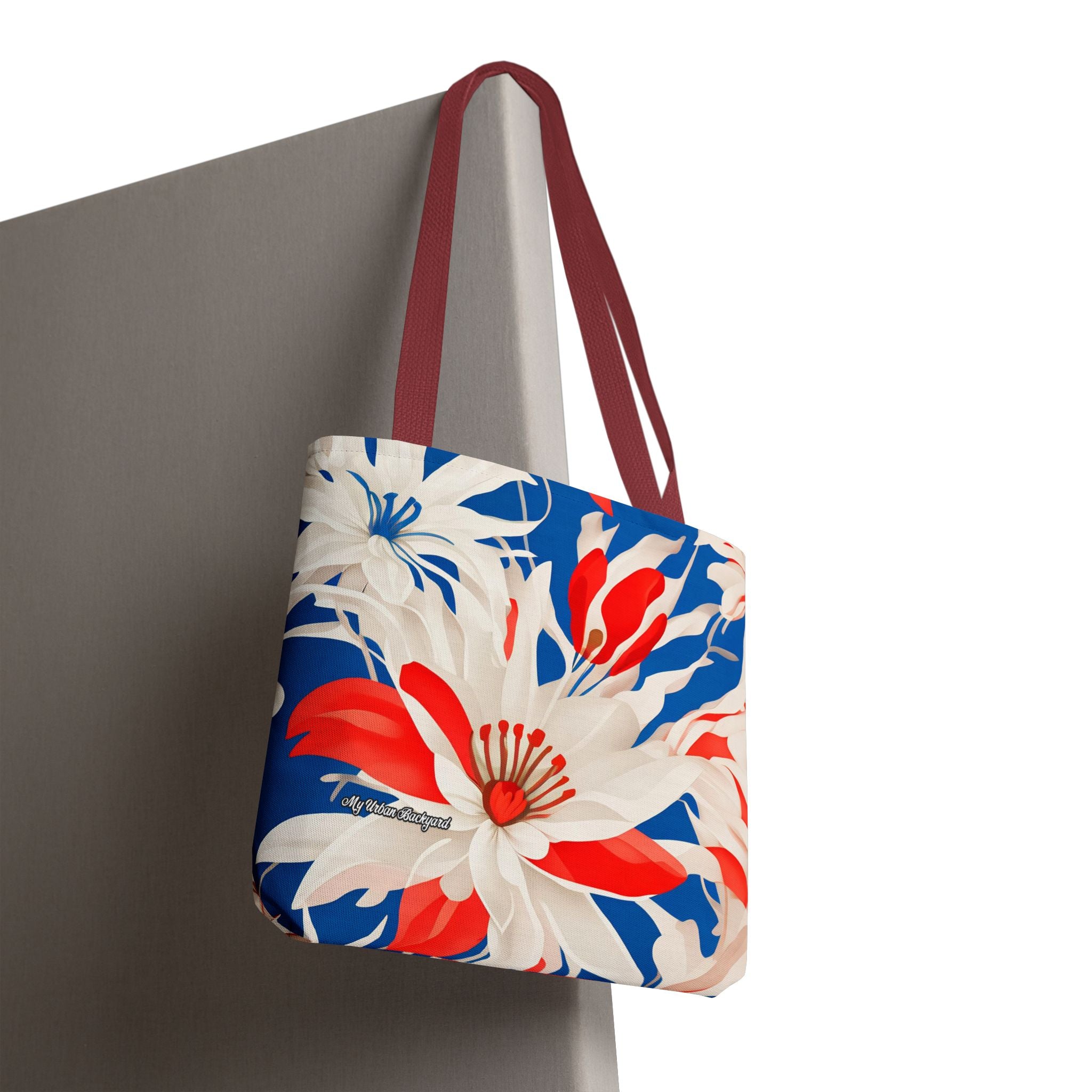 Red White & Blue Flowers Tote Bag with Cotton Handles For Everyday Use, 3 Sizes