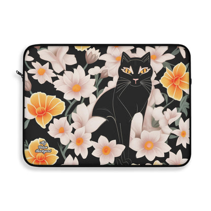 Black Cat with Flowers, Laptop Carrying Case, Top Loading Sleeve for School or Work