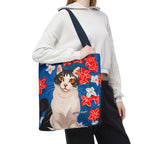 Cat with Red and White Flowers, Tote Bag with Cotton Handles For Everyday Use, 3 Sizes