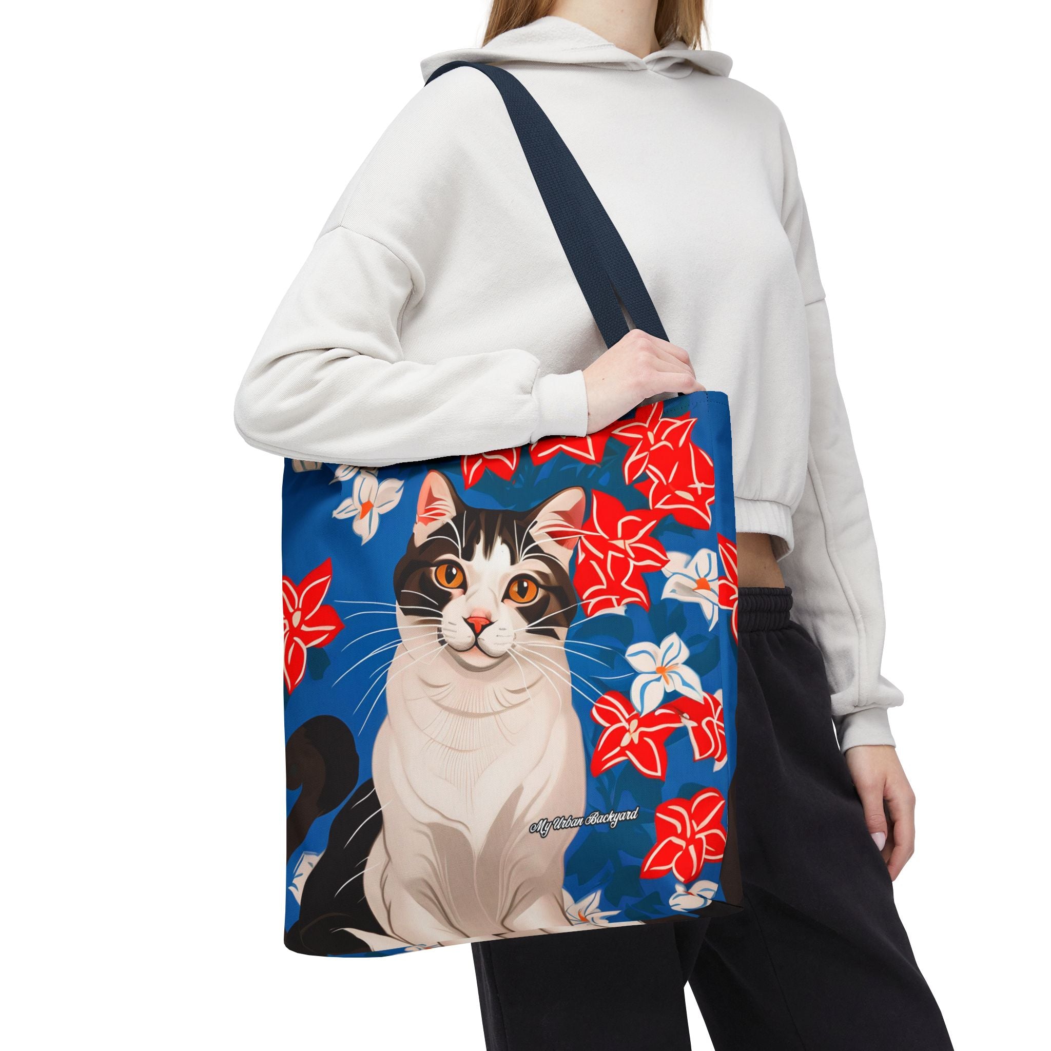 Cat with Red and White Flowers, Tote Bag with Cotton Handles For Everyday Use, 3 Sizes