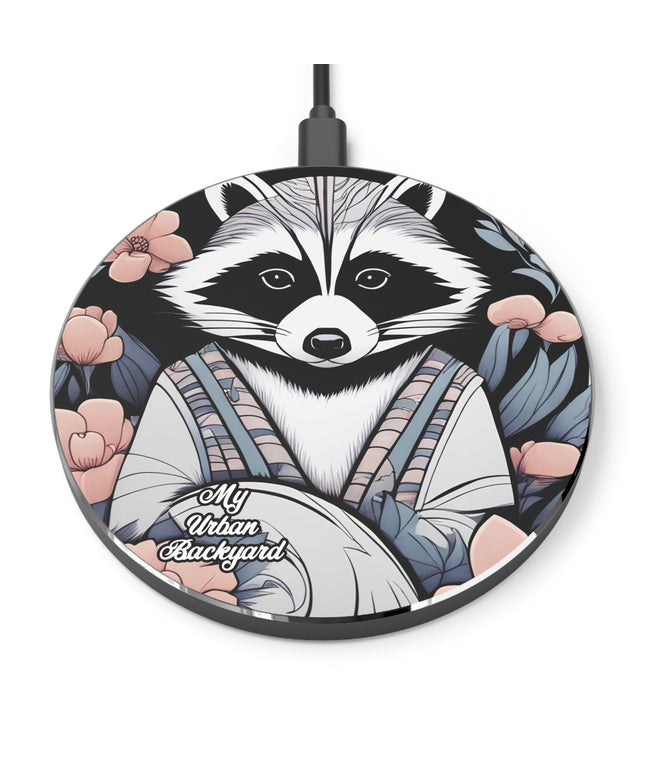 Urban Raccoon w Flowers, 10W Wireless Charger for iPhone, Android, Earbuds
