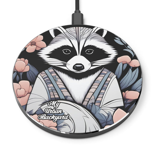 Urban Raccoon w Flowers, 10W Wireless Charger for iPhone, Android, Earbuds