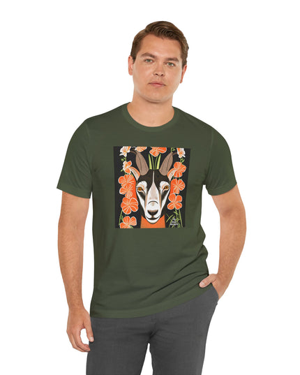 Goat with Orange Flowers, Soft 100% Jersey Cotton T-Shirt, Unisex, Short Sleeve, Retail Fit