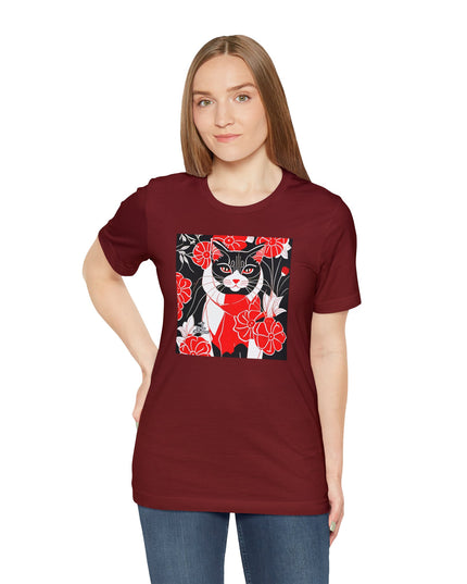 Tuxedo Cat with Red Flowers, Soft 100% Jersey Cotton T-Shirt, Unisex, Short Sleeve, Retail Fit