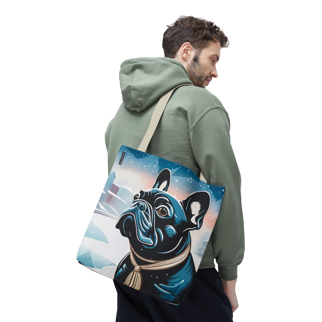 French Bulldog Winter Tote Bag — Snowy Pup All-Over Print Tote