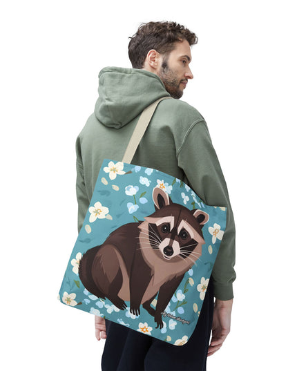Young Raccoon w Flowers Tote Bag with Cotton Handles For Everyday Use, 3 Sizes