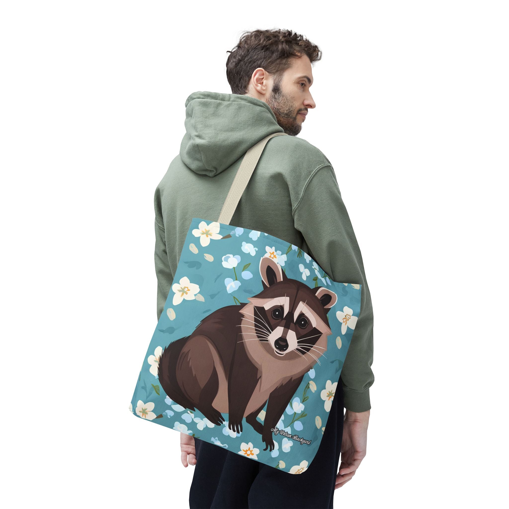 Young Raccoon w Flowers Tote Bag with Cotton Handles For Everyday Use, 3 Sizes