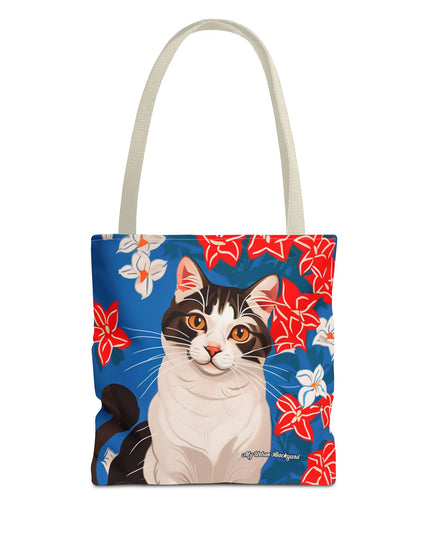 Cat and Red White & Blue Flowers Tote Bag with Cotton Handles For Everyday Use, 3 Sizes