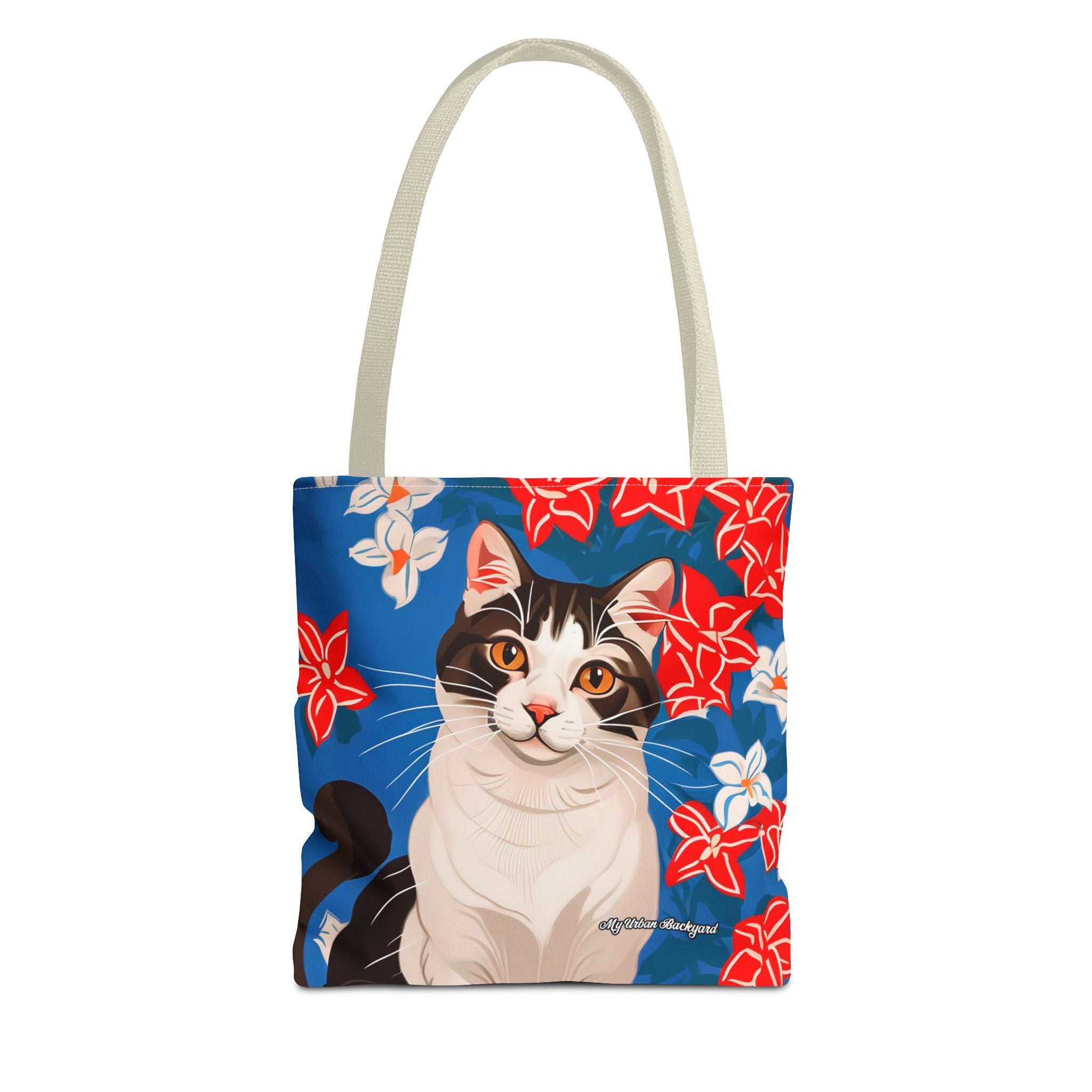 Cat with Red and White Flowers, Tote Bag with Cotton Handles For Everyday Use, 3 Sizes