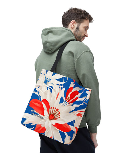 Red White & Blue Flowers Tote Bag with Cotton Handles For Everyday Use, 3 Sizes