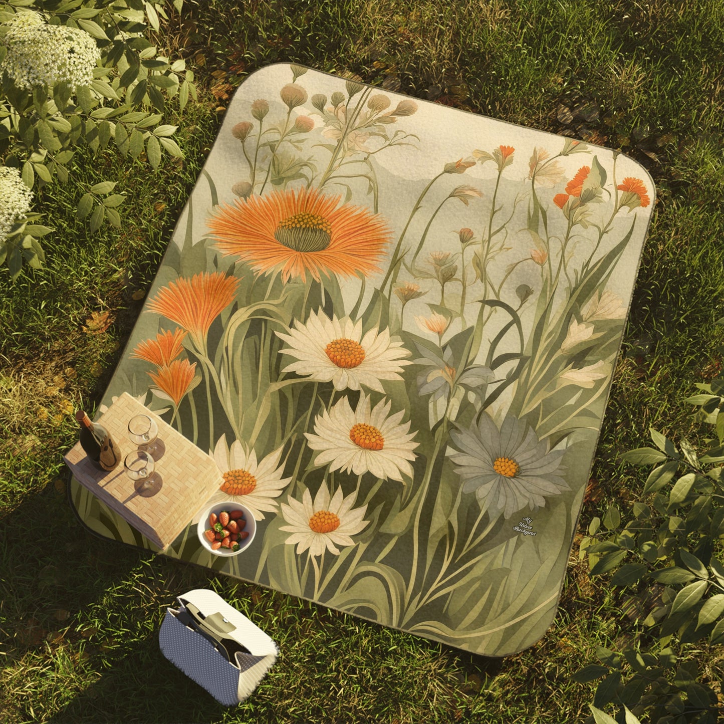 Outdoor Picnic Blanket with Soft Fleece Top and Water-Resistant Bottom - Daisy Wildflowers