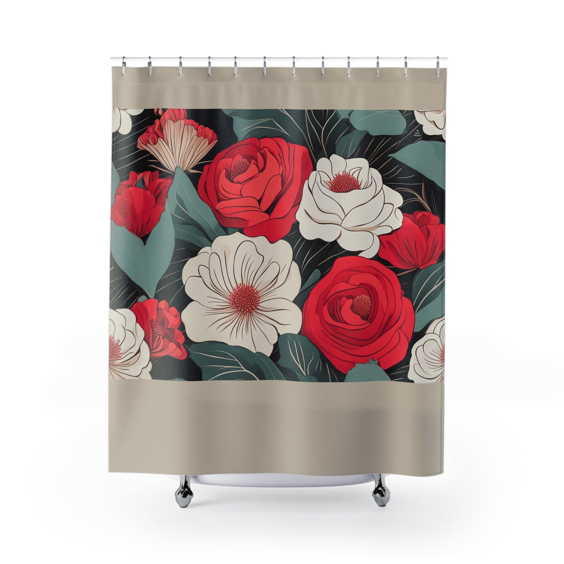 Floral Shower Curtain, Boho Bathroom Decor, Flower Pattern, Home Decor, Gift for Her, Romantic Style, Tan accent color - 71" x 74"