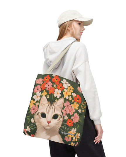 White Cat with Flowers Tote Bag with Cotton Handles For Everyday Use, 3 Sizes